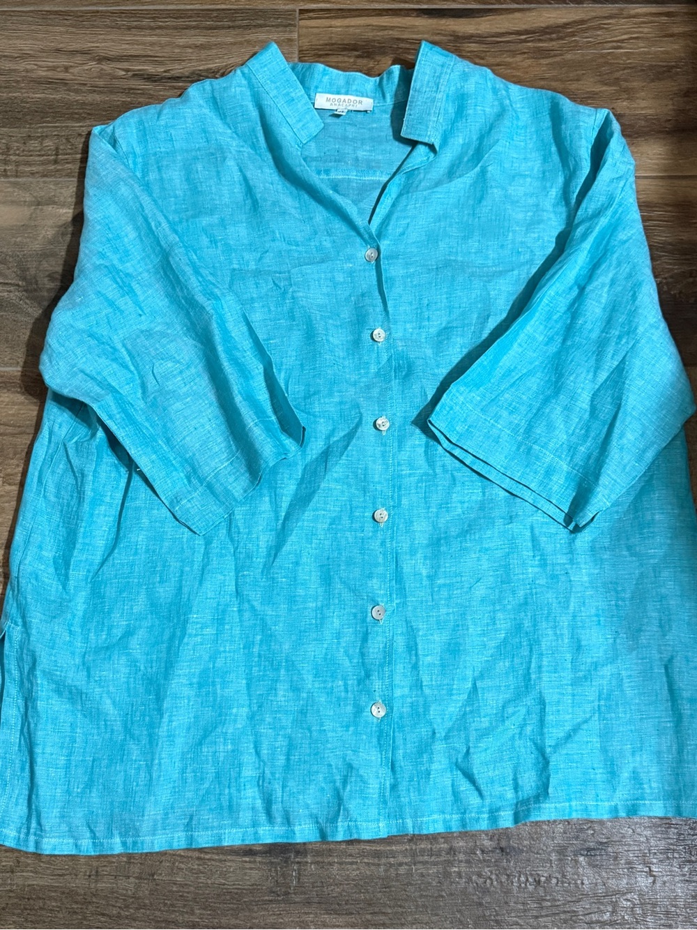 100% LINEN Turquoise Linen Button-Front Blouse